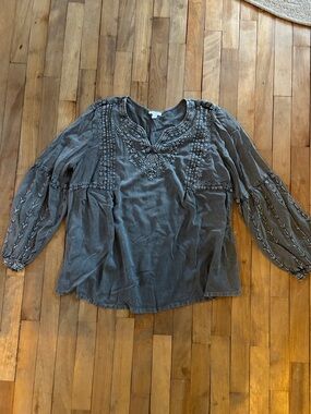 PureJill Embroidered V-Neck Women's Blouse in Charcoal Gray